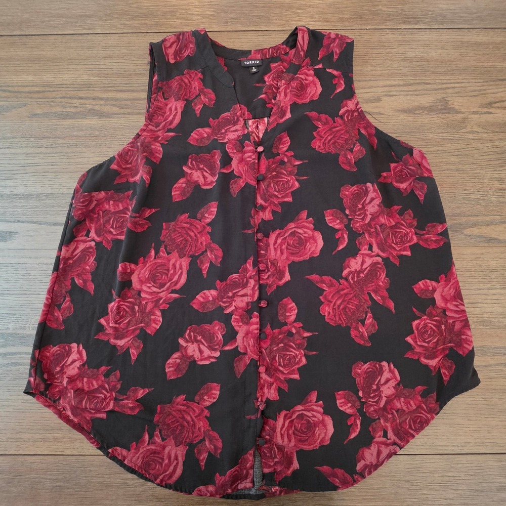 Torrid Red Rose Floral Button Down Sleeveless Blouse Black Georgette Top 3xl